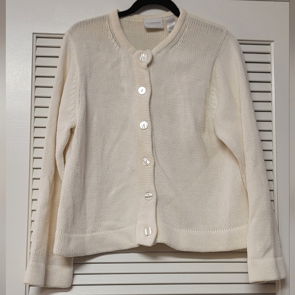 Liz Claiborne - Lizsport Petite Cream Knit Cardigan Button Sweater
